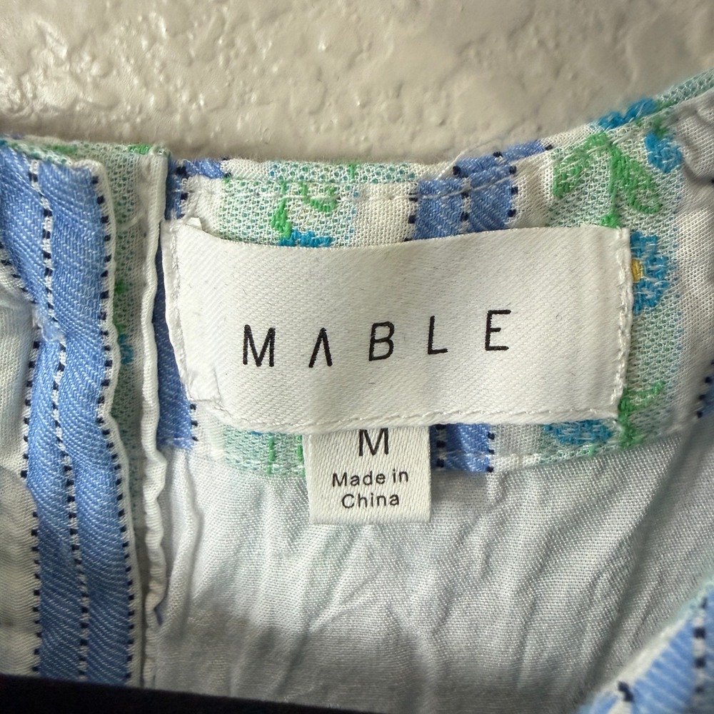 MABLE Blue White Striped Floral Seersucker Sleeveless Mini Summer Dress Resort M - Picture 2 of 5